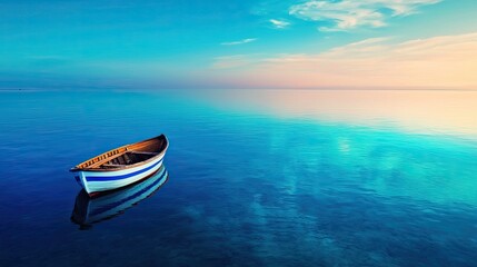 Wall Mural - serene boat floating in tranquil blue water at sunset, calm nature scene.