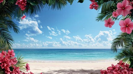 Wall Mural - tropical beach scene with clear water, white sand, and vibrant flower framing.