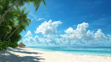 Wall Mural - tropical beach with palm trees, clear blue water, and fluffy clouds in the sky.