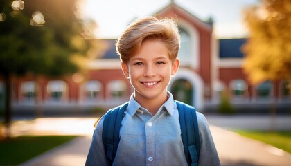 Happy young boy with hair and blue backpack standing in front of a school building on a sunny afternoon, smiling confidently, representing education, learning and back to school In USA