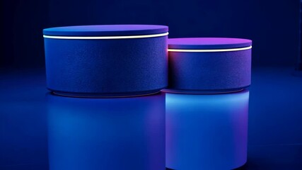 Poster - Two cylindrical platforms with glowing neon edges sit on a reflective surface in a dark room