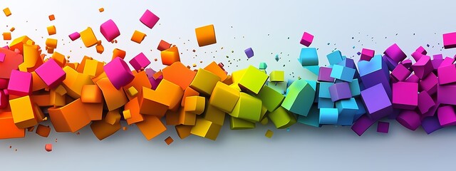 Poster - Colorful abstract cubes in vibrant orange, yellow, green, blue, and purple scattering across a white background