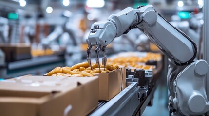 Poster - Close-up of robots picking up and packing goods on a food production line in a modern, high-standard factory