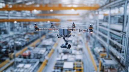 Poster - Close-up of drones flying to inspect operations in an industrial factory, using AI to assess the status of machines