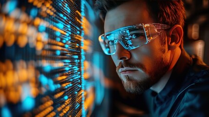 Poster - Image of an engineer analyzing the distribution of nanoparticles in a material through a digital display screen.