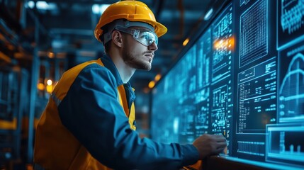 Poster - Image of food processing engineer controlling production system on digital display in factory