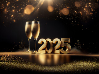 Poster - Two champagne flutes stand beside the year 2025, all rendered in gold against a dark background with sparkling gold dust.