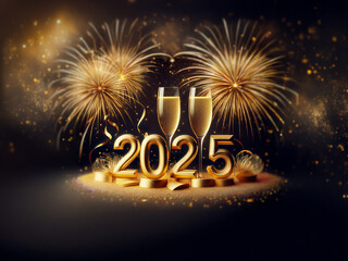Poster - Two champagne flutes stand beside the golden numbers 2025, which is surrounded by celebratory confetti and fireworks in the background.