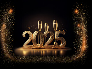 Poster - A sparkling golden 2025 with champagne glasses in front of it, set against a black background with a shimmering golden light effect.