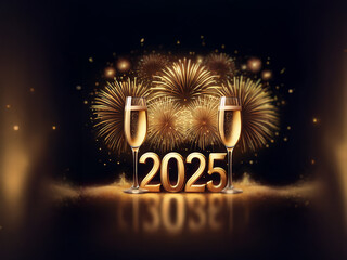 Poster - Golden fireworks illuminate the night sky behind two champagne glasses, reflecting the number 2025 on a mirrored surface.