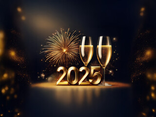 Poster - Two champagne flutes filled with bubbly sit beside golden 2025 numerals with fireworks bursting in the background.