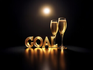 Poster - Two champagne flutes filled with bubbly stand to the right of the word GOAL in gold, rendered in 3D against a dark background.