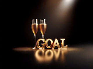 Poster - Two champagne flutes stand atop the word GOAL, rendered in shimmering gold,  against a backdrop of darkness illuminated by a spotlight.