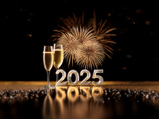 Poster - Two champagne flutes sit beside the silver numerals 