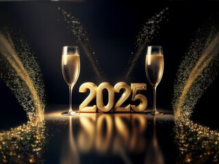 Poster - Two champagne flutes filled with sparkling wine stand on either side of the golden number 2025 against a dark background with glittering streams of light.