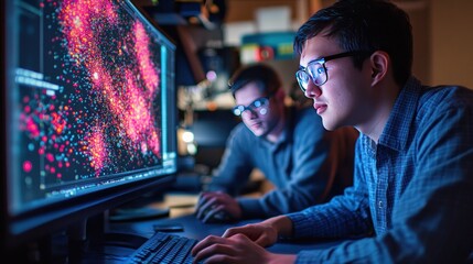 Poster - A team of nanotechnology engineers work together to analyze materials developed from advanced nanostructures.