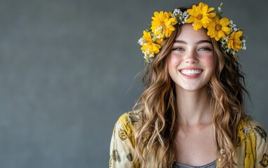 Wall Mural - An inviting portrait of a beautiful young woman wearing a bright yellow flower wreath and a casual outfit, smiling with joy against a muted grey background. 