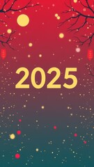 Poster - Colorful abstract 2025 design with festive lights and tree branches for New Years celebration