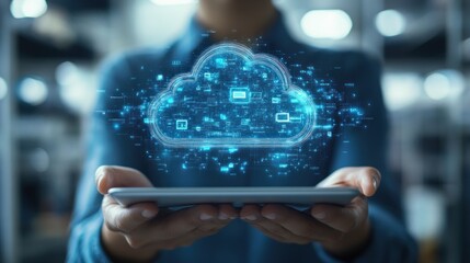 Poster - Consultants are monitoring cloud systems and real-time data in a factory using tablets in a modern setting
