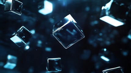 Poster - floating transparent cubes create a surreal visual effect in a dark, cosmic setting, evoking a sense