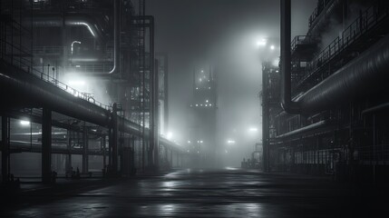 Poster - Large pipes and structures inside a power plant, illuminated by lights from a control system, giving a sense of quiet and powerful