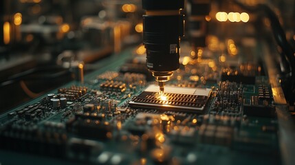 Poster - Close-up of robots assembling electronics components on an automated production line in an industrial factory