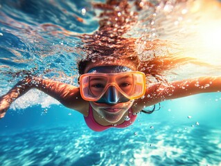 A young girl swims underwater, wearing vibrant orange diving goggles, with sunlight casting patterns on the water, showcasing joy and freedom in the ocean.