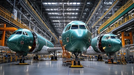 Aufkleber - Engineers stand in front of airplanes being assembled in aerospace factory with a determined and focused expression