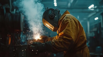 Poster - Technician welding steel structure using high frequency welding machine in industrial parts manufacturing plant