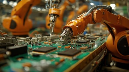 Aufkleber - Close-up of robots assembling electronics components on an automated production line in an industrial factory