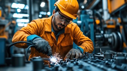 Poster - Technician welding steel structure using high frequency welding machine in industrial parts manufacturing plant