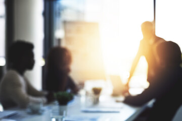 Poster - Business people, meeting and presentation with flare in office with info, review and feedback for performance. Team, group and speaker with talk, brainstorming or problem solving at insurance agency