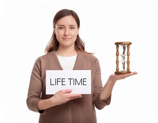 Woman holding hourglass and sign with life time inscription, average life expectancy concept