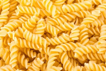 A close-up of raw fusilli pasta, with a focus on the intricate shape and texture of the noodles.