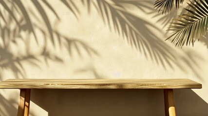 Poster - A wooden table sits in the shade of palm trees, bathed in warm afternoon light