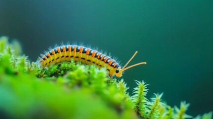 Poster - Colorful Caterpillar Crawling on Lush Green Moss