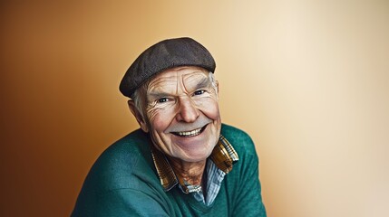 Elderly man with a joyful expression, wearing a flat cap and sweater, against a warm, gradient background.