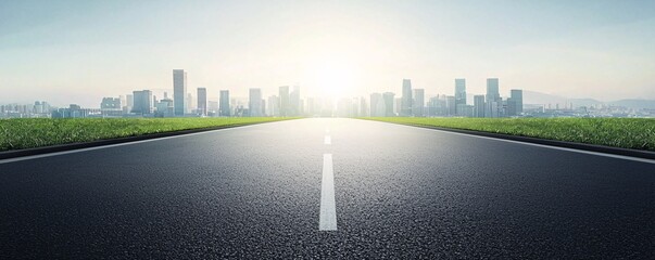 Poster - A road leading to a city filled with solar panels and green buildings, illustrating net zero ambitions. Clear skies and ample copy space make this scene ideal for text or branding.