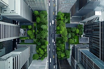 Poster - an aerial view of a city that seamlessly integrates green spaces and solar farms, symbolizing the co