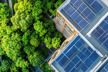 Poster - an aerial view of a city that seamlessly integrates green spaces and solar farms, symbolizing the co