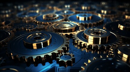 Poster - Intricate arrangement of golden gears creating a mechanical backdrop in a dark setting