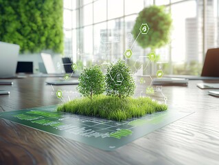 Poster - a corporate meeting room where business professionals discuss net zero strategies, with charts and g