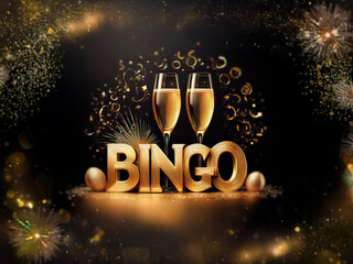 Poster - Two champagne flutes sit in front of the word BINGO. Fireworks and confetti are in the background.