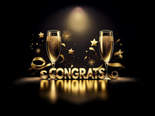 Poster - Two champagne flutes with sparkling gold liquid on a black background. The word 