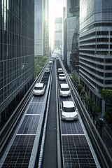 Poster - A futuristic urban landscape with green rooftops, solar panels, and electric vehicles, representing a city after net zero carbon implementation, clean and vibrant atmosphere