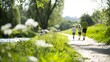 © Achirawee - A family walking along a clean, green river in an urban park powered by renewable energy, symbolizing the benefits of net zero carbon policies in everyday life