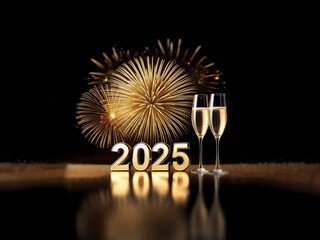 Poster - Golden fireworks explode behind two champagne glasses and the number 2025, signifying a celebratory new year.