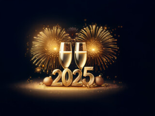Poster - Two champagne flutes clink together in front of a shimmering 