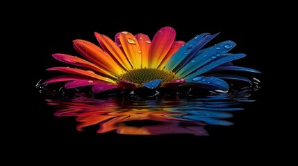 Aufkleber - Vibrant Colorful Flower with Water Drops on Black Background