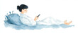 A serene illustration of a person lounging in bed, engaging with a smartphone, dressed casually in white attire.